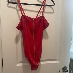 Frederick’s of Hollywood red pleather thong bodysuit